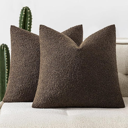 Woaboy Pack of 2 18x18 Inch Decorative Boucle Throw Pillow Covers Textured Square Pillowcaes Accent Solid Cozy Soft Cushion Covers Home Decor for Sofa Couch Living Room Home Decor,Chocolate