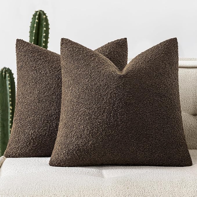 Woaboy Pack of 2 20x20 Inch Decorative Boucle Throw Pillow Covers Textured Square Pillowcaes Accent Solid Cozy Soft Cushion Covers Home Decor for Sofa Couch Living Room Home Decor,Chocolate