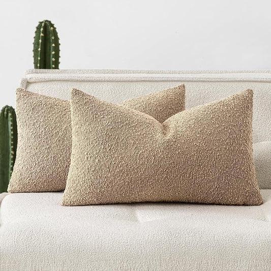 Woaboy Pack of 2 12x20 Inch Decorative Boucle Throw Pillow Covers Textured Lumbar Pillowcaes Accent Solid Cozy Soft Cushion Covers Home Decor for Sofa Couch Living Room Home Decor,Khaki