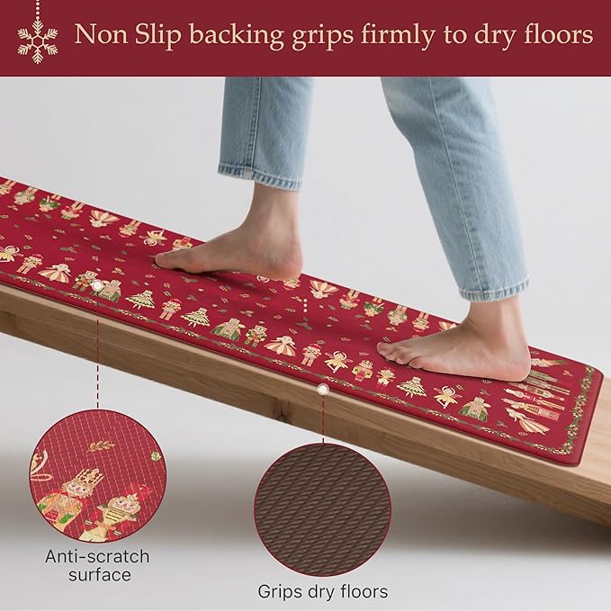 GENIMO Christmas Decorations - Kitchen Mats for Floor, 2PCS Christmas Kitchen Rugs, Cushioned Anti Fatigue Mat for Home Decor, Waterproof Non Slip Standing Mat for Laundry, 17.3"x47"+17.3"x30", Red