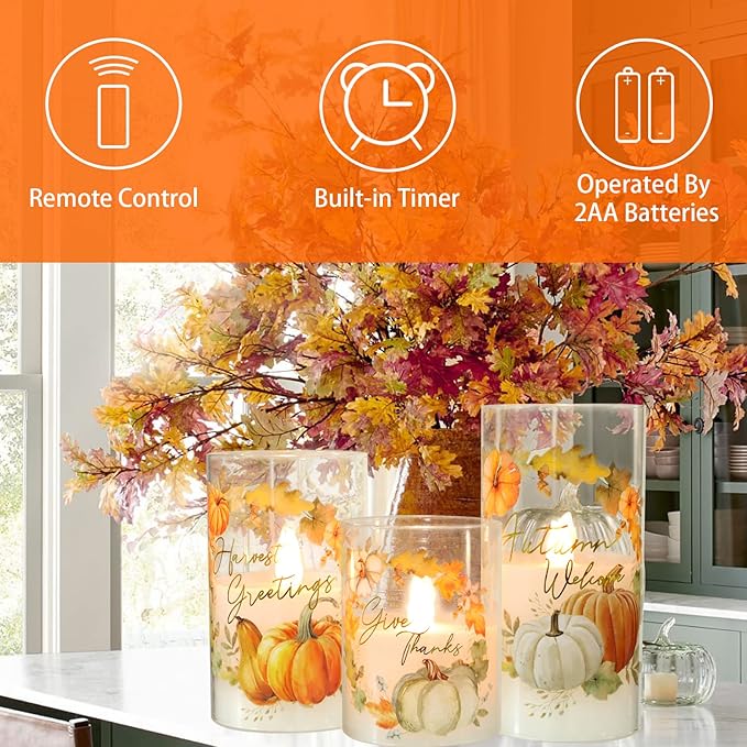 Glass Flameless Candles Flickering Battery Operated with Remote Pumpkin Theme Farm House Realistic Pillar Candle for Fall Decor Havest Celebration Home Party, Set of 3