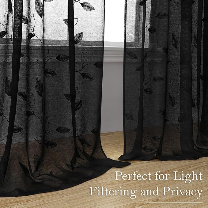 HOMEIDEAS Black Sheer Curtains 52 X 63 Inches Length 2 Panels Black Embroidered Leaf Pattern Gothic Faux Linen Floral Semi Sheer Voile Window Curtains/Drapes for Bedroom Living Room