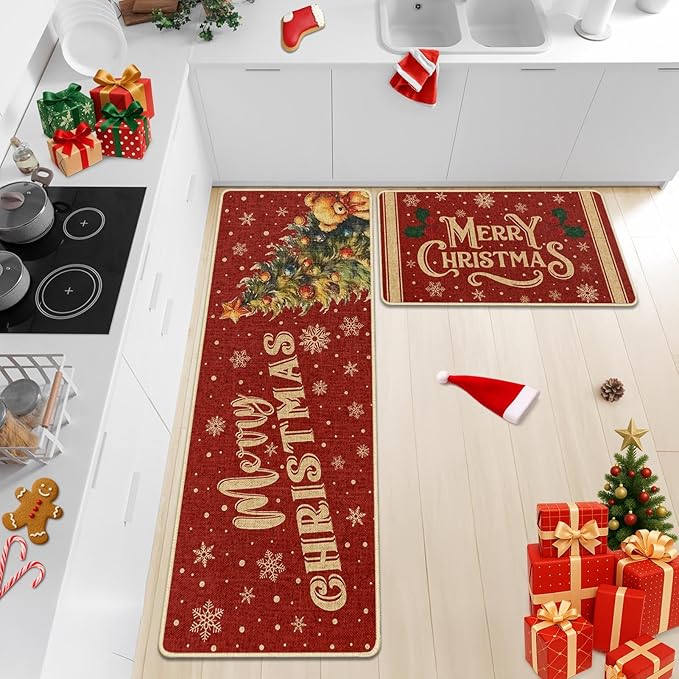 Christmas Snowflake Tree Kitchen Rugs and Mats Non Skid Washable Set of 2, Bear Xmas Kitchen Mats for Floor Decor