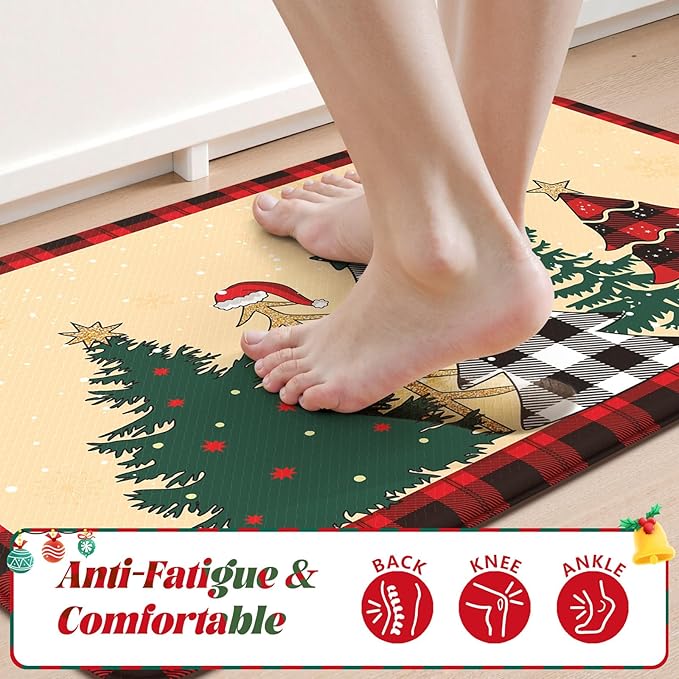 Merry Christmas Xmas Tree Kitchen Mat 2PCS, Anti-Fatigue Cushioned Waterproof Kitchen Mats for Floor Buffalo Plaid Kitchen Rug, Non Skid Comfort Standing Rugs for Laundry Office Desk Decor, Beige/Red