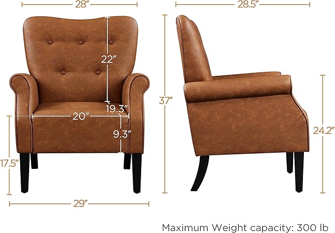 Yaheetech Modern Armchair, Mid Century PU Leather Accent Chair with Sturdy Wood Legs and High Back for Small Space, Upholstered Sofa Club Chair for Living Room/Bedroom, Set of 2, Retro Brown