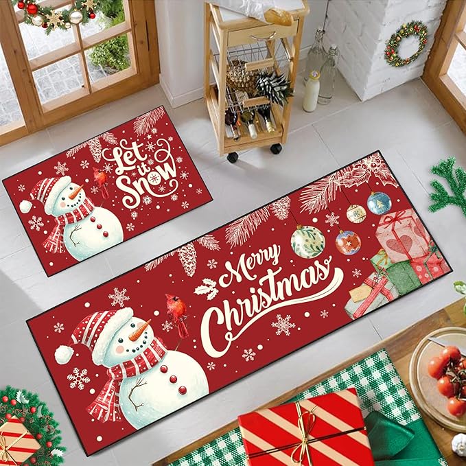 Christmas Snowman Kitchen Rugs Non-Slip Holiday Floor Mats 2 Piece Set Vintage Decor Soft Absorbent for Sink Front 17x30 and 17x47 Inches