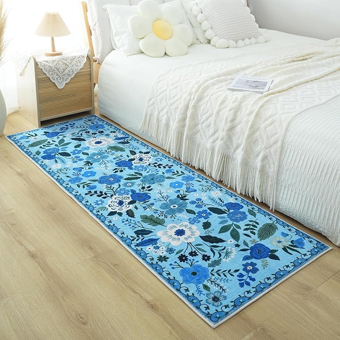 Rugcomf Runner Rug for Hallways Kitchen Rug Non Slip 2'6''x8' Washable Runner Rugs with Rubber Backing Soft Floral Carpet Runner for Hallways, Kitchen, Laundry, Bedroom, Bathroom(Blue)