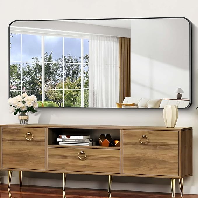 Bathroom Mirror, 60 x 30 inch Black Rectangle Wall Mirror, Metal Frame Rounded Corner Vanity Mirror, Large Wall Mounted Mirrors for Over Sink Bedroom Living Room Horizontal Or Vertical Mounting
