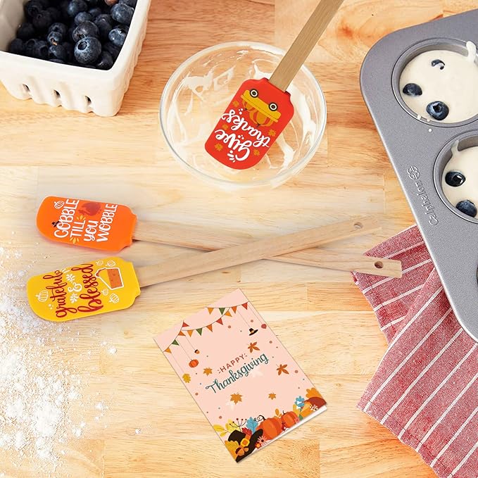 Thanksgiving Silicone Spatula Set Heat Resistant Home Kitchen Baking Decor Gift for Mom Food Grade Idea Birthday Housewarming Wedding Party with Wooden Handle and Colorful Ribbon Bows Mixing Cooking
