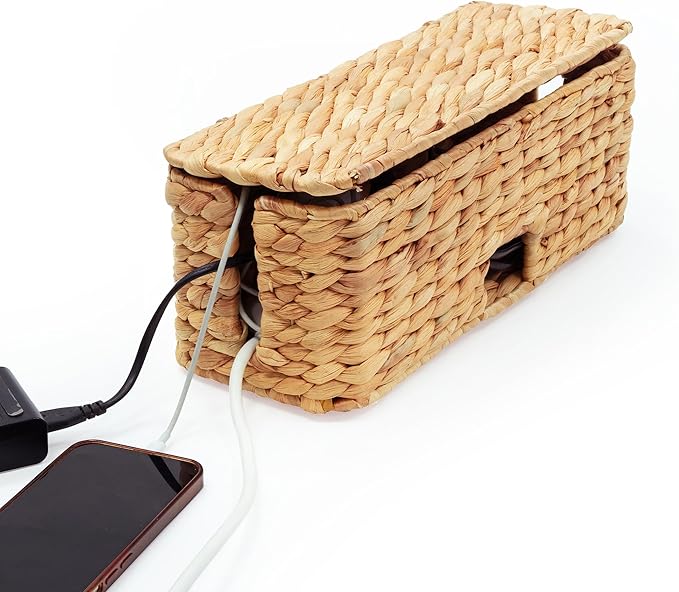 Cable Management Box, Water Hyacinth Organizer Box, Durable Rattan Cable Organizer, with 2 Open Slots for Home Office Desk Computer TV Wires USB Hub Power Strip, Handmade Rattan Cord Organizer Box