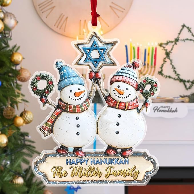 Personalized Snowman Ornament - Custom Hanukkah Ornaments for Tree, Jewish Ornaments, Hanukkah Gifts for Women Men, Couple Wedding Family Christmas Ornaments for Decorations
