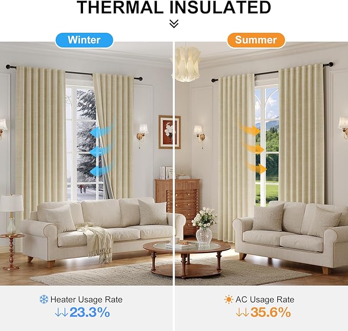 100% Blackout Curtains for Bedroom, Thermal Insulated Curtains 63 Inch Length Curtain 2 Panels, Luxury Soft Farmhouse Linen Textured Full Light Blocking Room Darkening Drapes, W52xL63, Beige