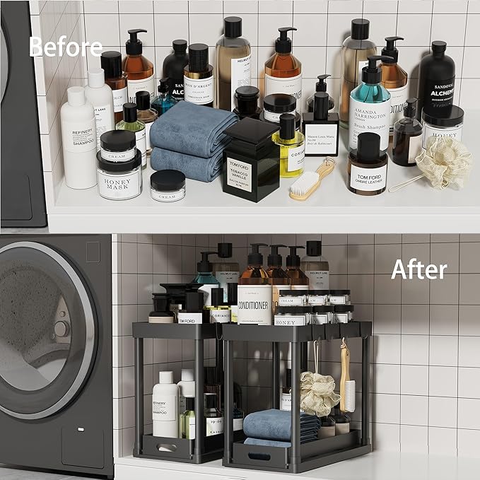 2PC Under Sink Organizer Rack 2 Tier Under Sliding Cabinet Basket Organizer Drawer with 4 Hooks, Multi-purpose Under Sink Storage for Bathroom Kitchen Desktop(Black)