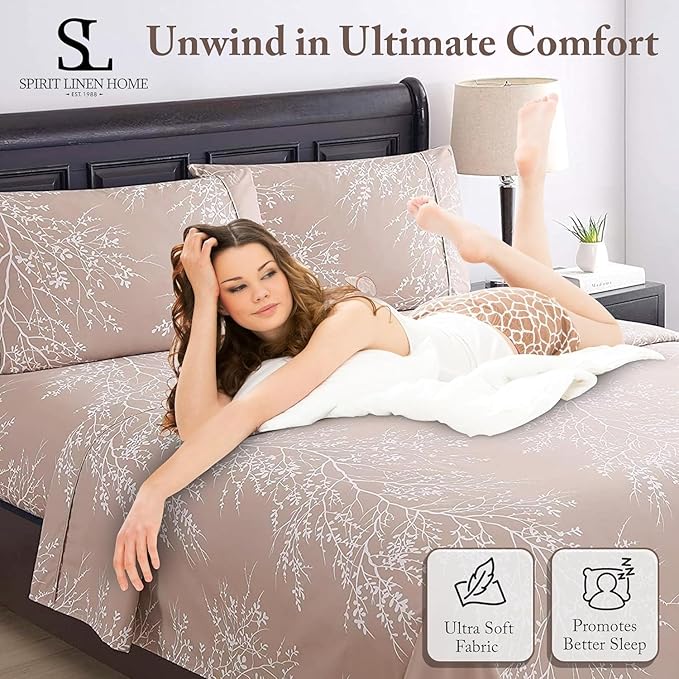 Spirit Linen home King Size Sheets Set - Pure Microfiber 4 Piece Polyester Bed Sheets, Fitted Sheet & Pillow Cases - King Sheets for All Seasons (Foliage Purple/White, King)