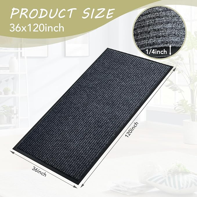Front Door Mat,3'x10'Indoor Outdoor Door Mat,Heavy Duty Durable Welcome,Commercial Floor Mats Inside Outside Entrance, Waterproof All-Season, All-Weather Non Slip Backing Doormat for Entryway,Black
