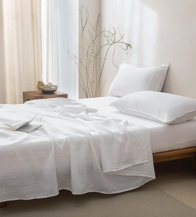 Talasily 100% French Pure Linen Sheets Set Twin Size,Oeko-TEX Certified Bedding, All-Season Breathable for Hot Sleepers,16 Inch Deep Pocket Machine Washable 3-Piece (White)