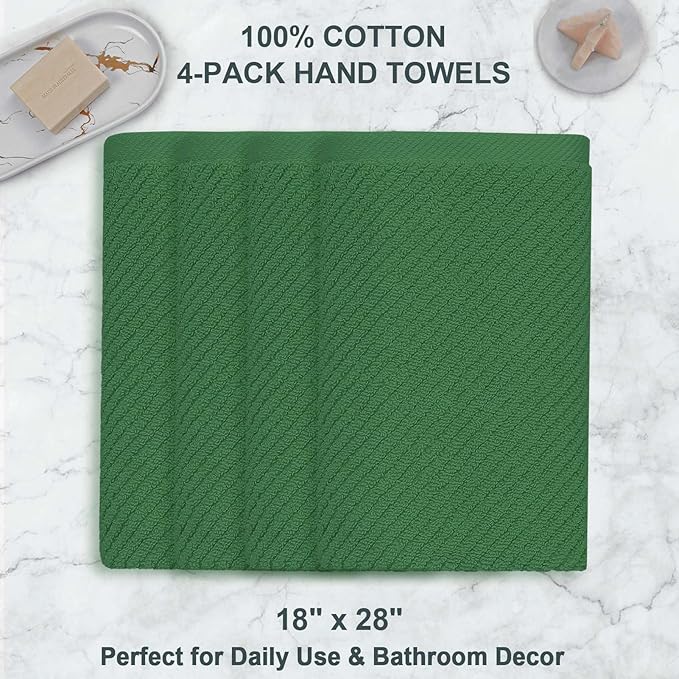 Green Hand Towels for Bathroom (4PC, Large 18"x28") - 100% Cotton | Quick Dry | Light Weight | Thick | Soft | Absorbency, Hand Towels for Showering, Bathroom Essentials Set, Hunter Green
