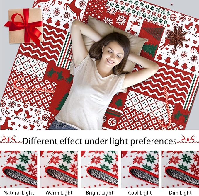 RUGSREAL 8x10 Christmas Area Rug Christmas Patchwork Pattern Floor Cover Machine Washable Indoor Carpet Rug Decorative Non Slip Accent Rug for Kitchen Bathroom Living Room Bedroom