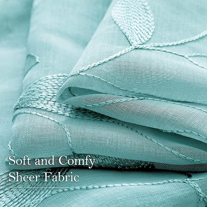 HOMEIDEAS Turquoise Aqua Sheer Curtains 52 X 96 Inches Length 2 Panels Embroidered Leaf Pattern Pocket Faux Linen Floral Teal Voile Window Drapes for Bedroom Living Room