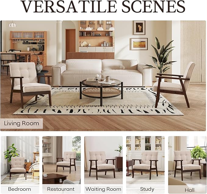 Bonzy Home Fabric Mid-Century Modern Accent Chair Set of 2, Upholstered Armchair with Solid Wood Frame, Reading Chair for Living Room, Bedroom