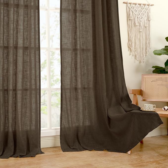 LAMIT Linen Curtains 45 Inch Length 2 Panels, Light Filtering Panels Back Tab and Rod Pocket Neutral Drapes for Kitchen/Window/Loft Room/Bedroom, 34 x 45 Inch Dark Brown