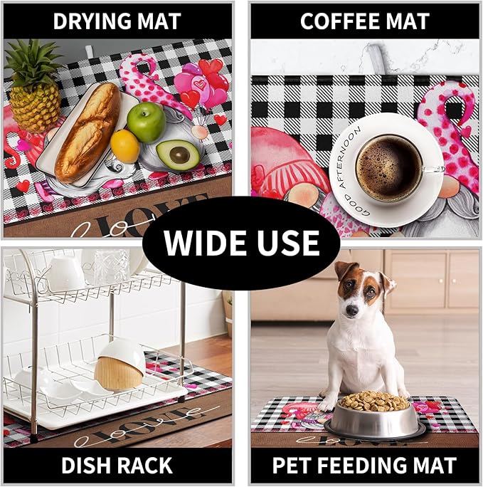 Valentine's Day Dish Drying Mats for Kitchen Counter, Gnome Love Kitchen Drying Mat, Buffalo Plaid Dish Drainer Mat Absorbent Quick Dry Dishes Pad 18 x 24 In - Farmhouse Decor Valentines Gift