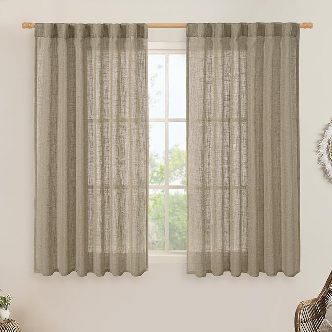 LAMIT Taupe Linen Curtains 54 Inch Length 2 Panels, Light Filtering Panels Back Tab and Rod Pocket Country Decor Drapes for Bathroom/Window/Bedroom, 52 x 54 Inch