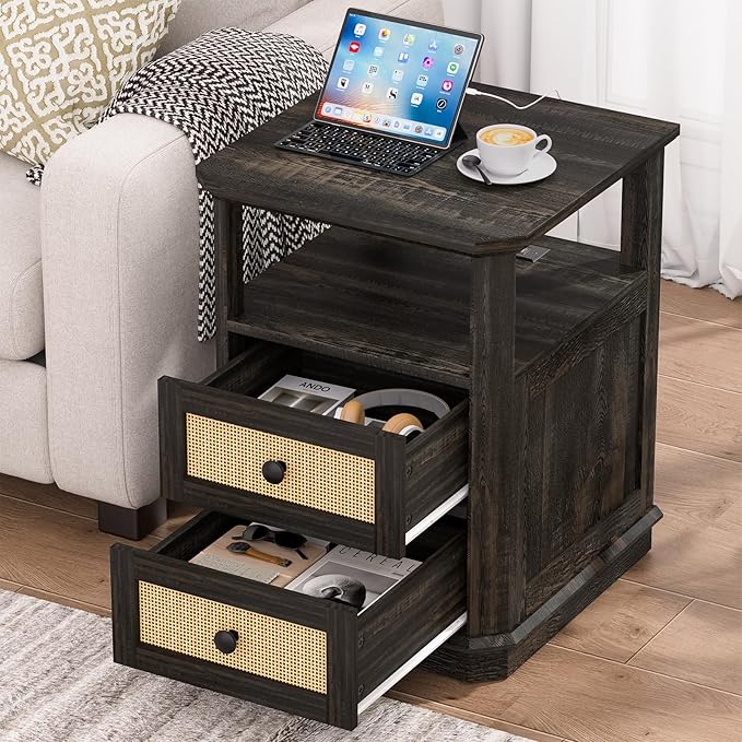 End Table with Charging Station, 24” Tall Sofa Side Table with Rattan Drawer, Anti-Collision Angle Wooden Night Stand for Living Room, Bedroom, Office.