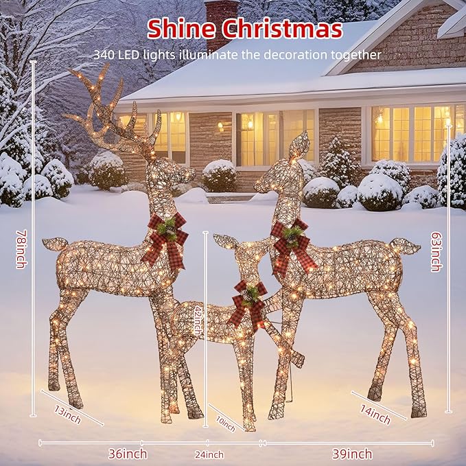 HOYECHI 6.5 FT Oversized Christmas Decorations Outdoor Lighted Reindeer β 3-Piece 3D Deer Family Set with 340 Warm White LED Lights for Yard, Lawn, Garden & Porch Holiday Display - Rattan
