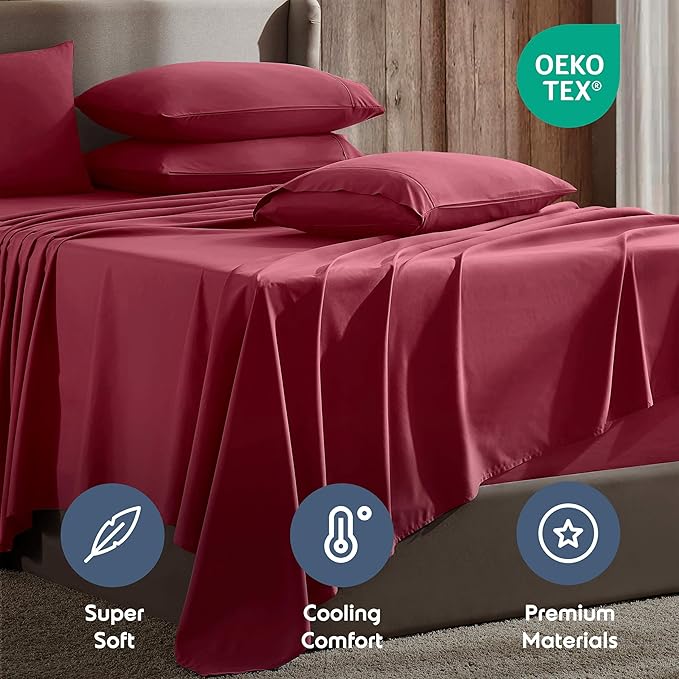 Nestl Extra Deep Twin Sheet Set - 4 Piece Breathable & Cooling Sheets - Hotel Luxury Bedding Set w/18-24 Inch Deep Pockets - Easy & Secure Fit - Super Soft, Wrinkle Free & Comfy - Burgundy Red