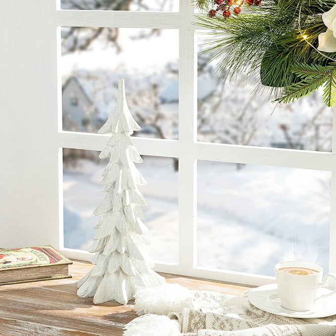glitzhome Hand-Painted Resin Christmas Tree Tabletop Xmas Holiday Centerpiece Decoration, 14.75" H, White