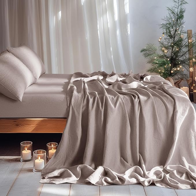 LBRO2M 100% Linen Sheet Set 16" Deep Pocket Full Size,Bed Sheets 4 Piece Sets,Solid Color Natural Flax Bed Sheets Soft Breathable Bedding, All Season (Full, Mauve Desert)