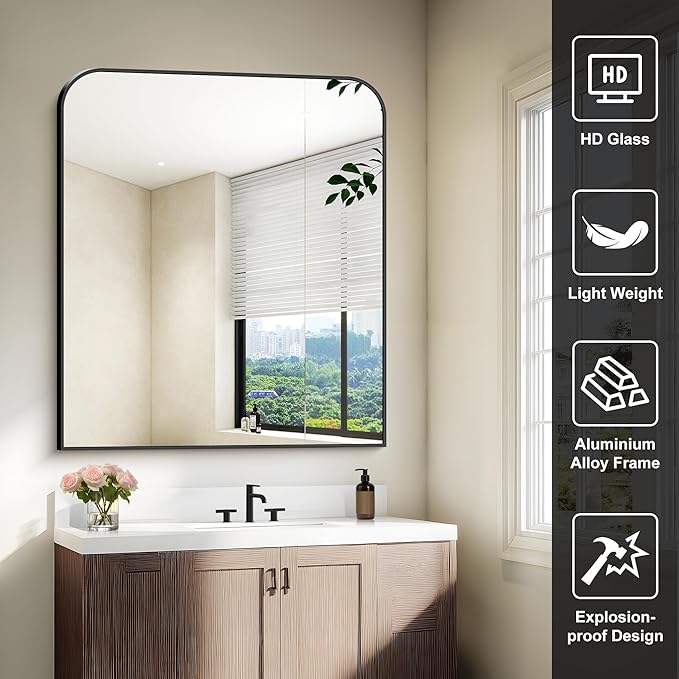 Bathroom Mirror, 36x40 inch Large Black Rectangle Wall Mounted Mirror with Thin Frame, Bathroom Vanity Mirrors for Over Sink, Entryway, Living Room, Bedroom