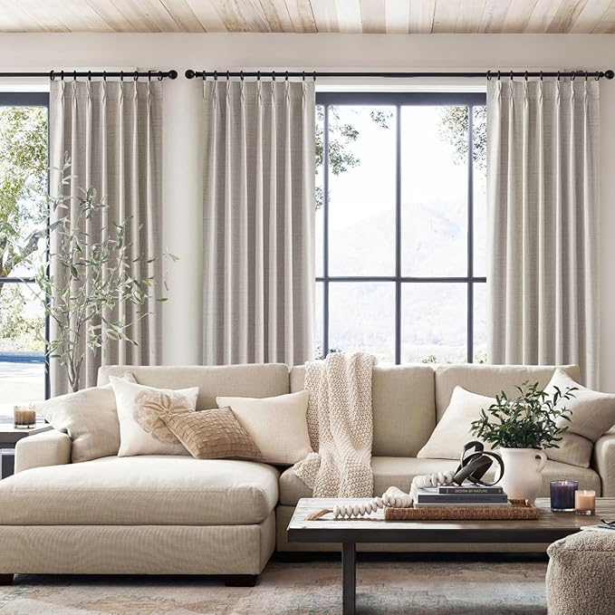 100% Blackout Thermal Curtains 84 Length 2 Panels Set for Bedroom, Linen Windows Pinch Pleated Drapes with Hooks for Track 7ft Modern Rustic Living Room Darkening Curtains 84 Inches Long Off White