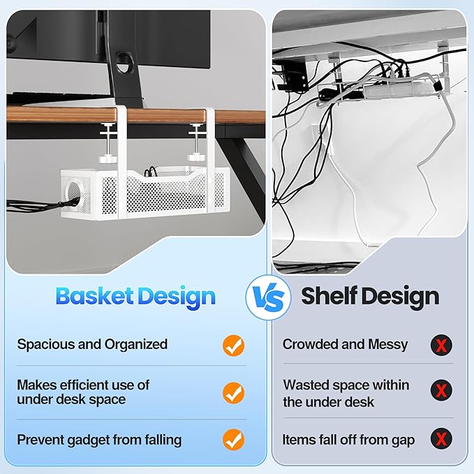 2 Pack Cable Management Under Desk Tray, No Drill Cable Management Box with Clamp for Wire Organization, Cord Organizer for Office, Home - No Damage to Desk (White)