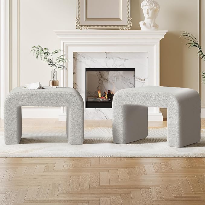 Tribesigns Vanity Stool Chair, Modern Boucle Ottoman Foot Rest for Couch, Large Foot Stool Ottoman, Extra Seating for Living Room, Arched Makeup Stool for Vanity, Fully Assembled, Light Gray, 2 Packs