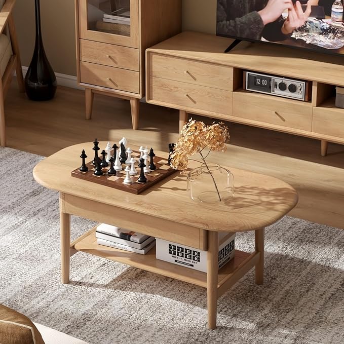 100% Solid Wood Coffee Table for Living Room, 2-Tier Coffee Table with 2 Drawers and Shelf Storage, Mid Century Modern Living Room Table for Home (Oak Natural Wood, 39.37'' W)