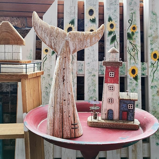 Rustic Wood Whale Tail Decor Tabletop Nautical Decor, Wooden Whale Tail Nautical Decoration Beach Themed Decoration Coastal Decor Whale Tail Decoration for Home Mediterranean Decor (13.6" H)