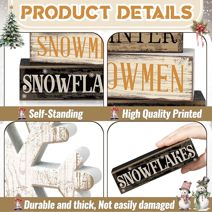 4 Pcs Christmas Table Decorations Wooden Snowflake Decor Winter Tiered Tray Decor Rustic Snow Block Signs Gift Farmhouse Christmas Centerpiece for Winter Wonderland Party Kitchen Shelf Home