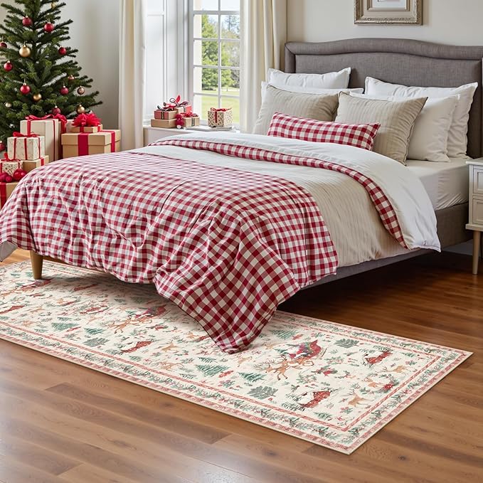 Lahome Christmas Beige Hallway Runner, Kitchen Non Skid Washable, Soft Christmas Tree Santa Claus Bathroom Carpet for Entryway Bedside Holiday Decor (2'x10')