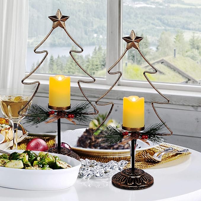 Lulu Home Lighted Christmas Table Decorations, 2 Pack 15.7 Inch Christmas Tree with Battery Operated Candle Lights, Light Up Christmas Tabletop Decorations, Xmas Holiday Winter Tabletop Desk Ornament