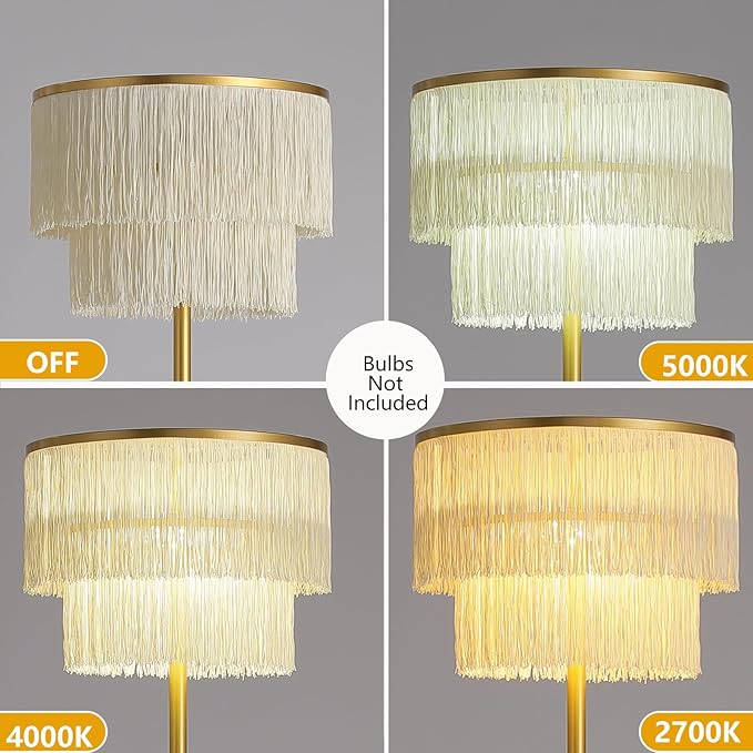 2 Light Gold Boho Floor Lamp with 2-Tier Tassels/Fringe Lampshade,66" Tall Mid Century Standing Bedroom Lamp,Soft Lighting Nursery Floor Lamp for Bedroom Livingroom