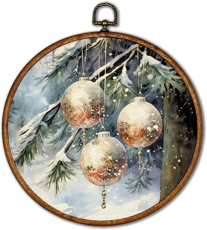 KSDUT Christmas Wall Decor Art - Winter Woodland Xmas Wall Art Canvas Frame Hanging Prints, Vintage Pine Tree Holiday Landscape Round Wall Art Decor for Home Farmhouse Decorations 10"x10"