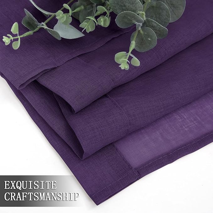 Tollpiz Sheer Tier Curtain Linen Textured Half Kitchen Curtains Sheer Light Filtering Rod Pocket Voile Small Curtains for Bathroom, 25 x 36 inches Long, Royal Purple, Set of 2 Panels