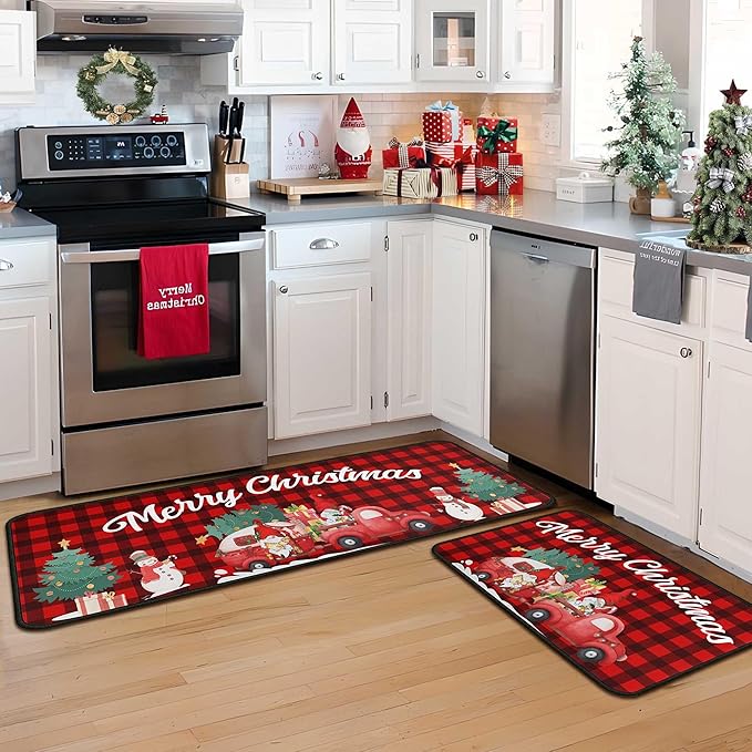 Buffalo Plaid Red Truck Christmas Kitchen Rugs 2 PCS, Merry Christmas Kitchen Rug, Non Skid Washable Soft Comfort Kitchen Rugs Set (17"x47"+17"x30",Merry Christmas)