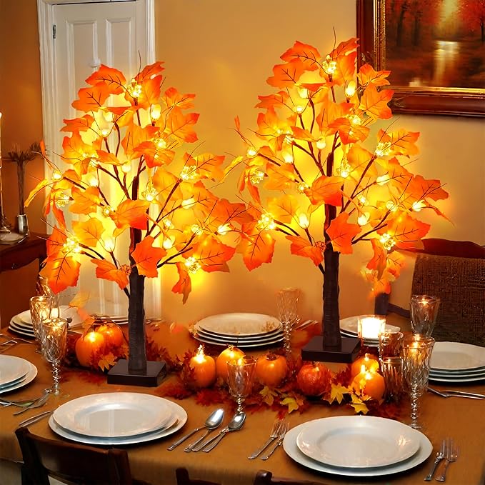 2 Pack 24 Inch Artificial Lighted Maple Tree with 48 LEDs Timer Fall Thanksgiving Decorations Battery Operated Prelit Maple Tree Table Lights for Thanksgiving Decor Home Indoor Autumn Harvest