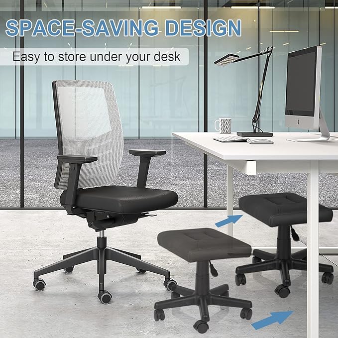 Footrest Stool Under Desk Adjustable Height Footrest Ottoman Ergonomic Foot Stool with Wheels 360° Rolling for Home Office (Black-1)