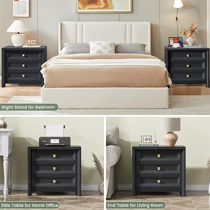 Farmhouse Black Nightstand with 3 Drawers, Rustic Bedside Table with Storage, Large Bed Side Table for Bedroom Living Room Home Office Furniture 24.8” Tall Nightstand with Gold Knobs