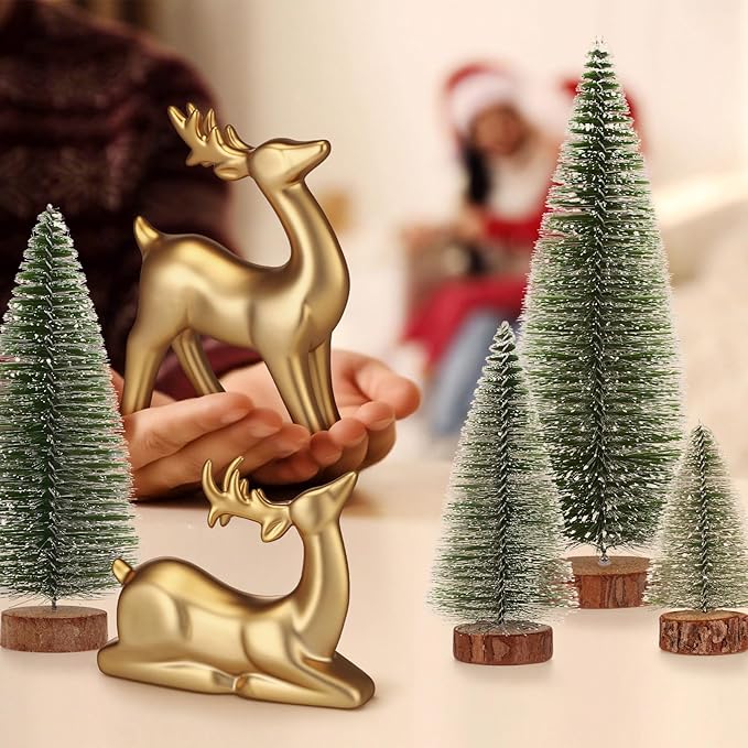 Wesiti 2 Pcs Ceramic Christmas Reindeer Figurines 4 Pcs Mini Christmas Pine Tree Reindeer Decor Deer Statue Sculpture Tabletop Ornaments for Home Mantel Shelves Decor (Gold)