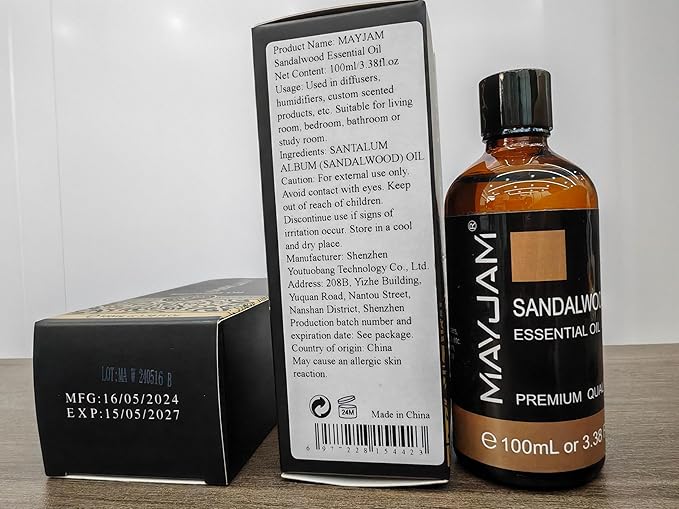 MAYJAM Sandalwood Essential Oil - Pure Essential Oils for Diffuser, Fragrance Oil for Soap Candle Making, Ideal for Home Office Car Yoga Use, 100ML/Bottle